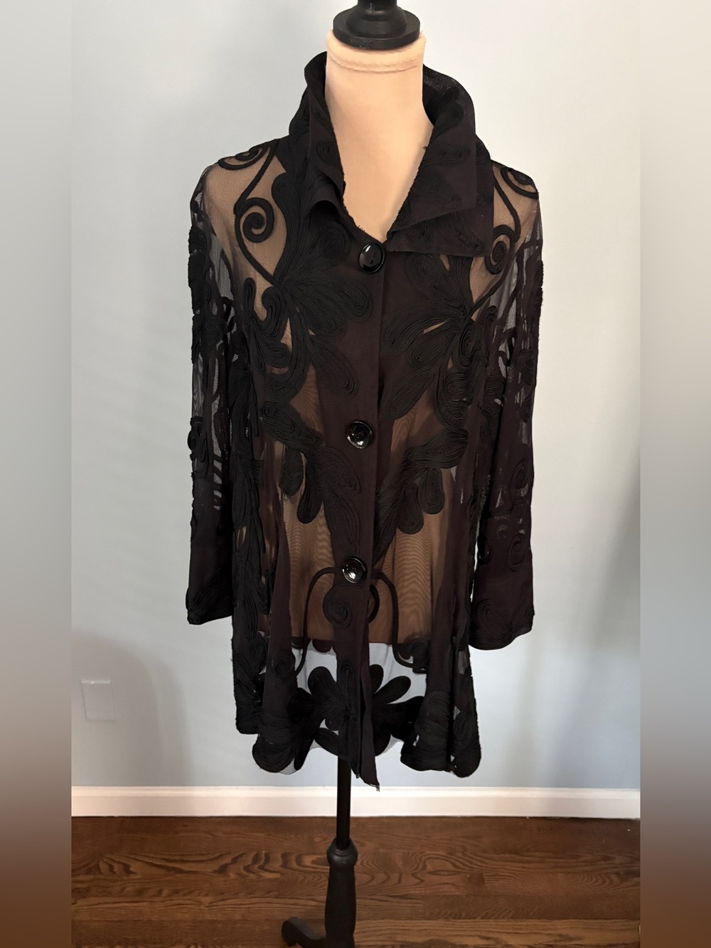 Damee, Inc. Sheer Black Mesh Embroidered Cocktail Jacket